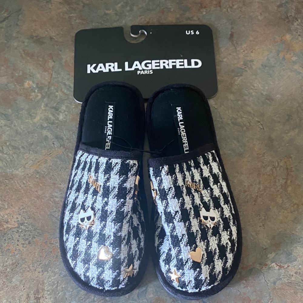 Karl Lagerfeld Houndstooth Slippers with Gold Accents NEW